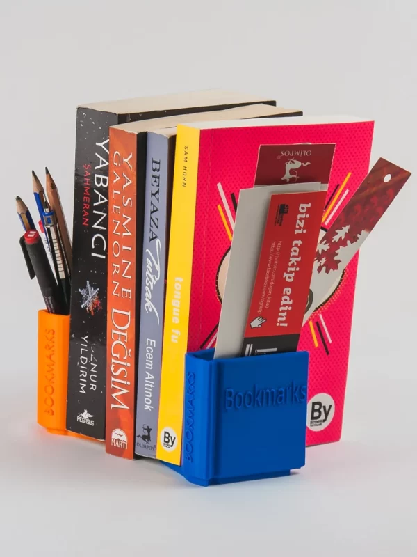 Unique 3D printed book-shaped bookends with bookmark and pen holder
