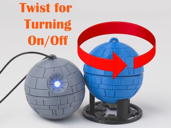 3D printed Death Star ornament with LED lights, perfect for Star Wars fans and holiday decorations