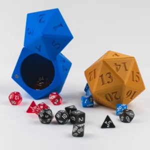 A D20 dice-shaped holder with a magnetic lid, perfect for storing and organizing RPG and tabletop gaming dice. A stylish and functional accessory for gamers.