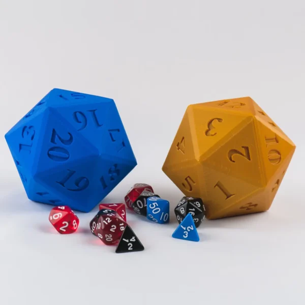 A D20 dice-shaped holder with a magnetic lid, perfect for storing and organizing RPG and tabletop gaming dice. A stylish and functional accessory for gamers.