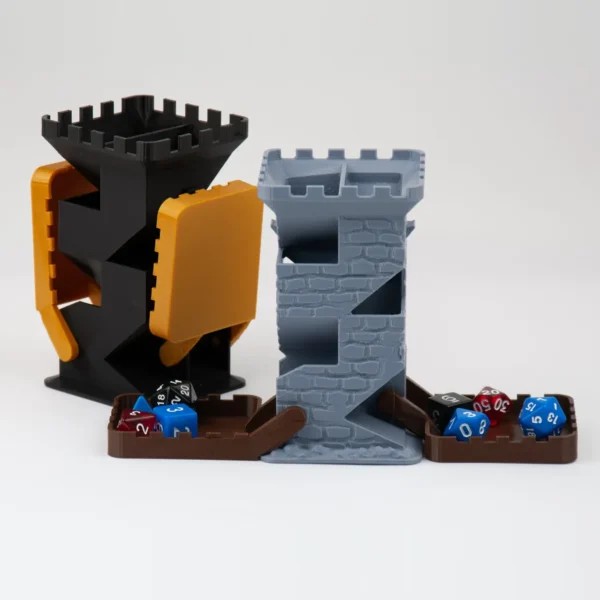 A castle-style dice tower with a brick pattern design and foldable flaps, perfect for rolling dice in RPG and tabletop games. A stylish and functional gaming accessory.