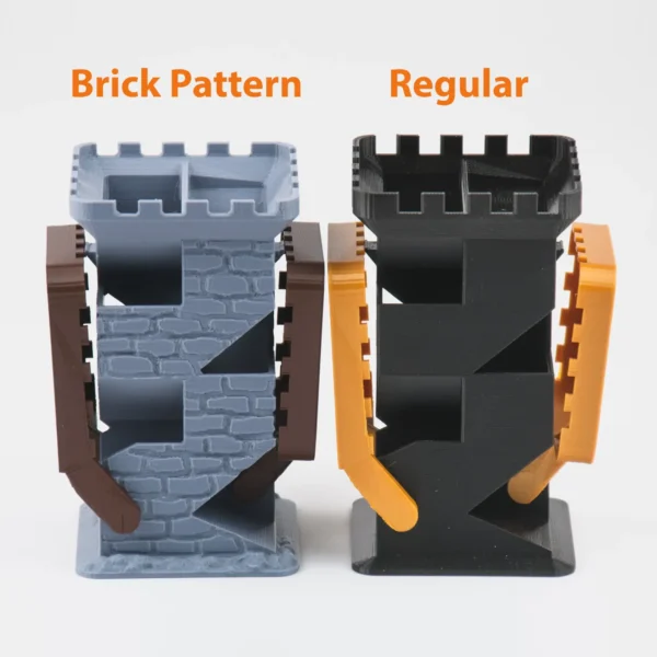 A castle-style dice tower with a brick pattern design and foldable flaps, perfect for rolling dice in RPG and tabletop games. A stylish and functional gaming accessory.