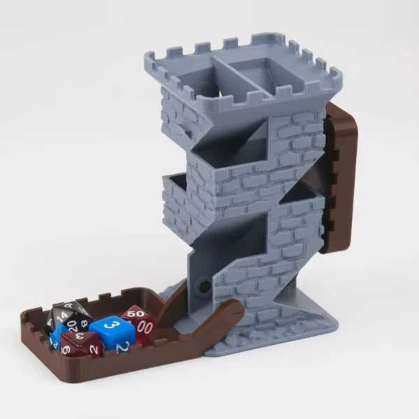 A castle-style dice tower with a brick pattern design and foldable flaps, perfect for rolling dice in RPG and tabletop games. A stylish and functional gaming accessory.