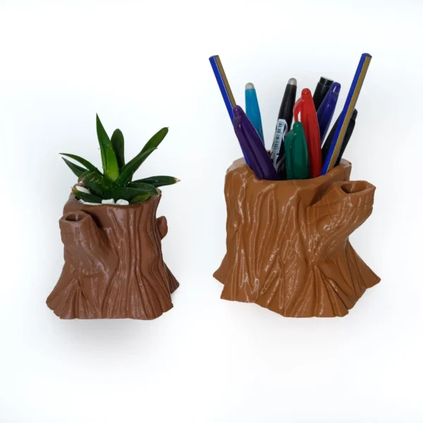 An old tree stump planter with a wood-like design, perfect for air plants, garden decoration, and makeup brushes. A stylish and functional addition to your home or garden decor.