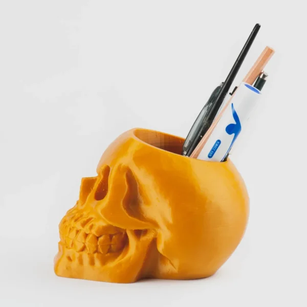 A human skull-shaped planter and pen holder, perfect for adding a unique and functional touch to your home or office decor.