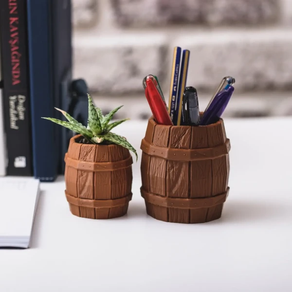 Barrel shaped planter and pen holder